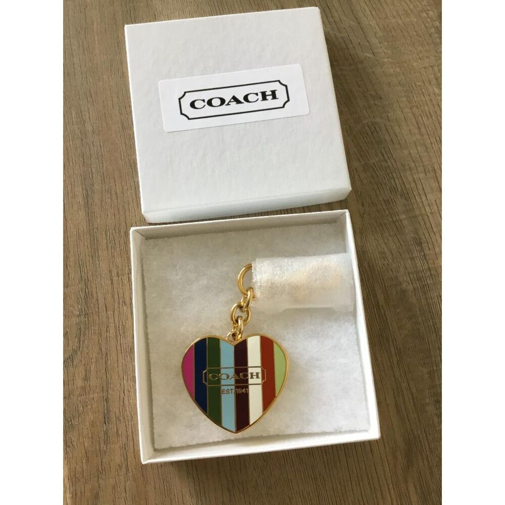 Coach Legacy Stripe Heart Keychain Charm Locket Pill Box with Gold Hardware NWOT